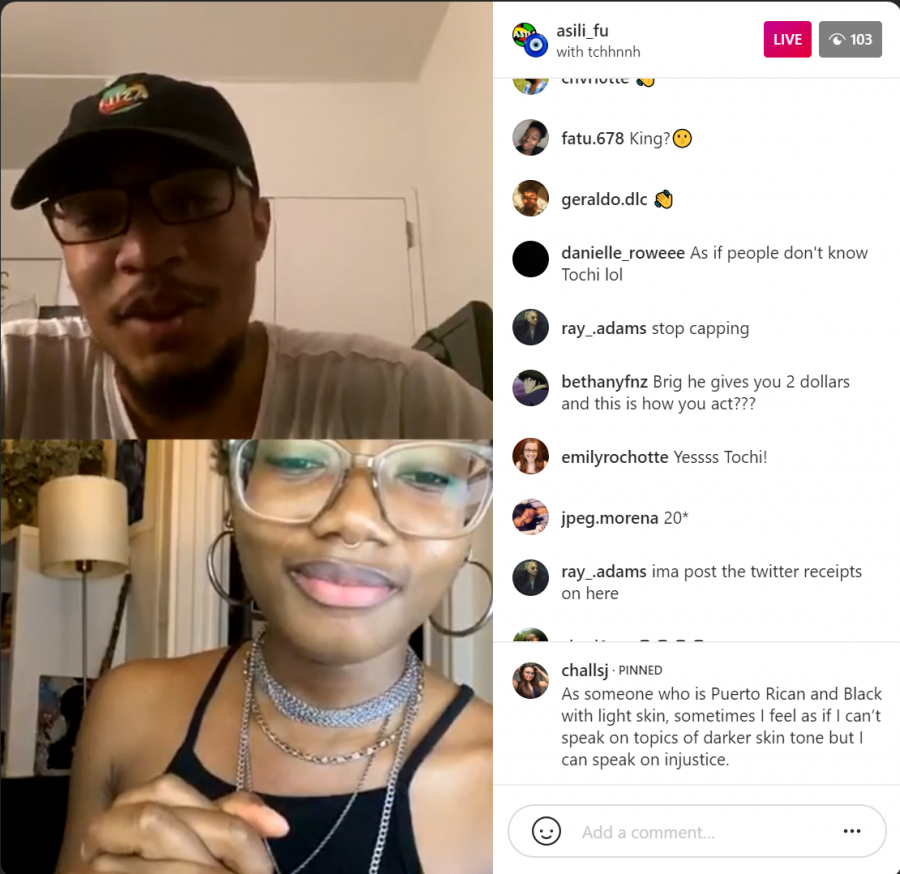 two students on Instagram Live during the town hall, with a comments bar next to them