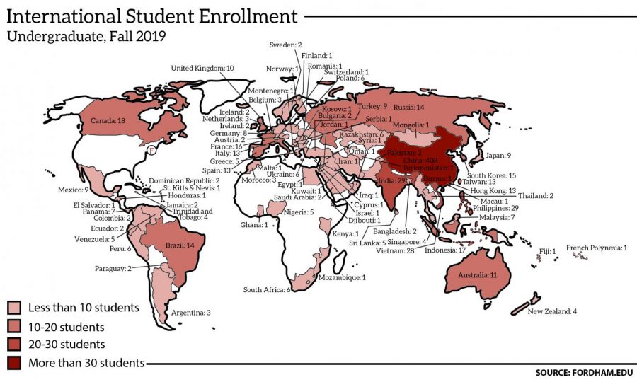 a map showing the distribution of Fordham international students in the fall 2019 semester