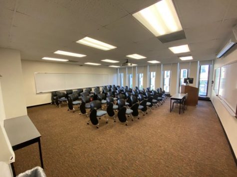 A Lowenstein classroom pre-pandemic with desks packed tightly together