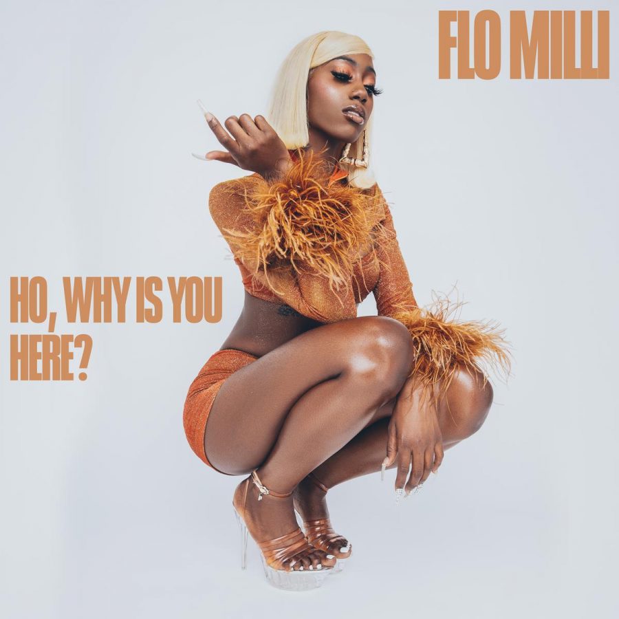 album cover for flo milli, featuring a woman squatting down, dressed in orange