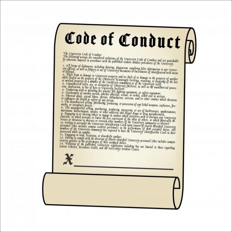 a graphic of a scroll resembling the US Constitution but instead titled Code of Conduct