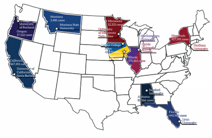 Map of the colleges and universities mentioned in the article