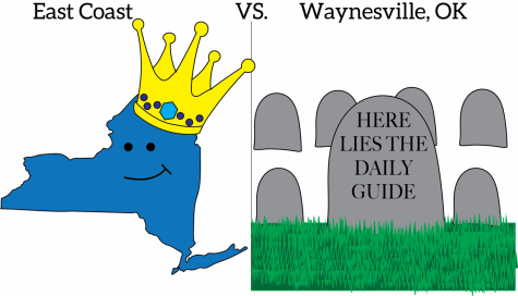 graphic illustration of the state of new york wearing a crown on the left and a graveyard with a grave that reads "here lies the daily guide" on the right