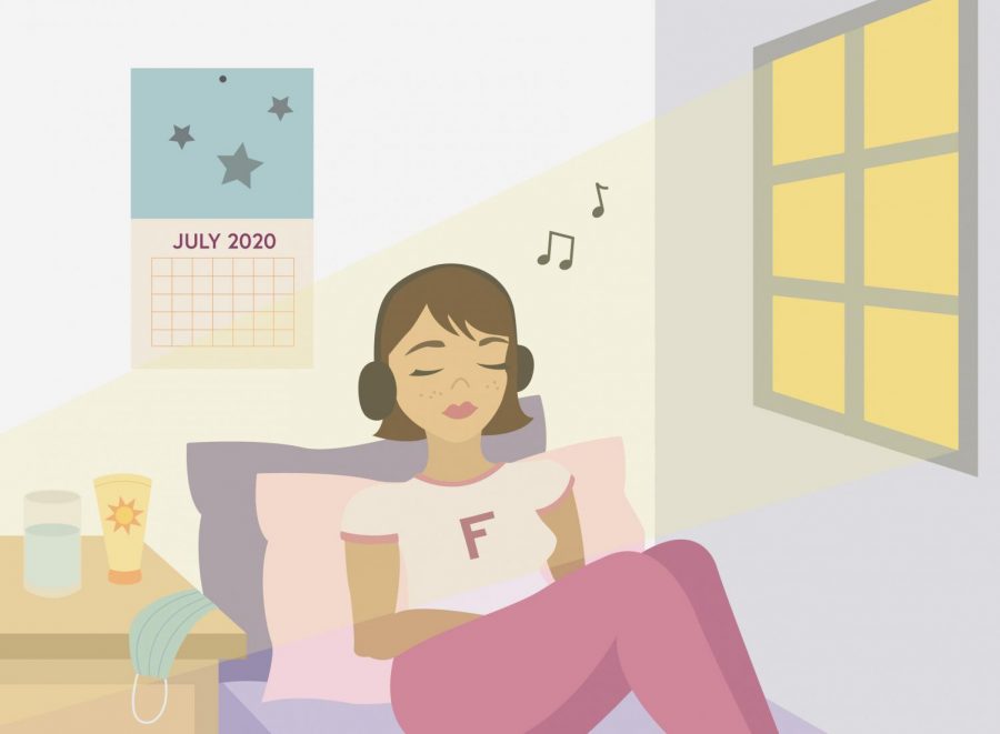 Illustration of girl listening to music in room