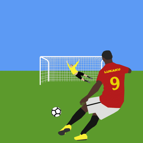 an animation of a soccer player kicking a ball into a net