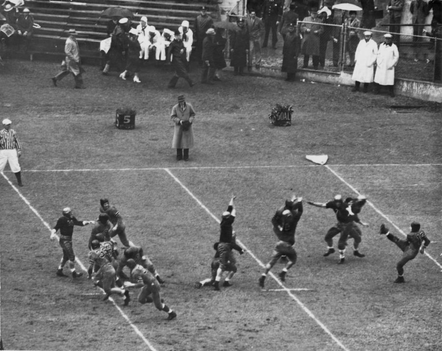 The Fordham football team won the 1942 Sugar Bowl with the lowest possible score of two points to the Missouri Tigers' zero. Pictured here is the block that led to the Rams' score.