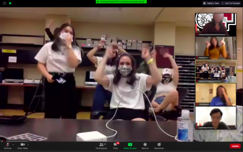 orientation leaders and freshmen dancing on a zoom screen