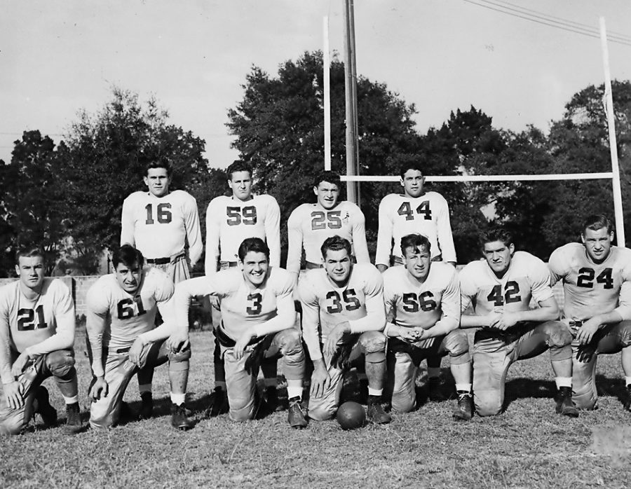 The Fordham football team that would go on to win the 1942 Sugar Bowl is pictured here at a practice meet prior to that historic game. 