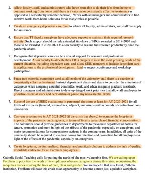 document with highlighted lines from faculty statement on caregivers