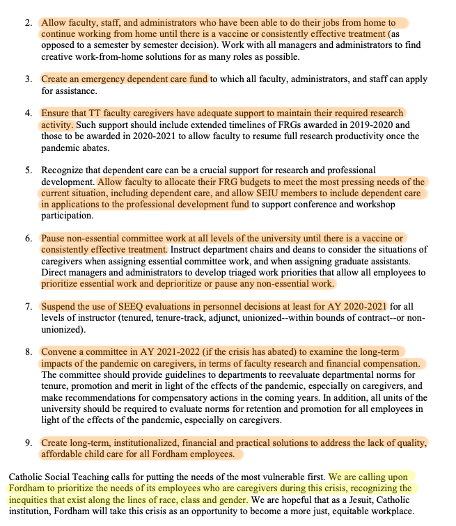 document with highlighted lines from faculty statement on caregivers