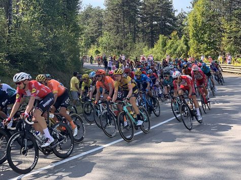 group of cyclists riding bikes in various colored uniforms in the tour de france