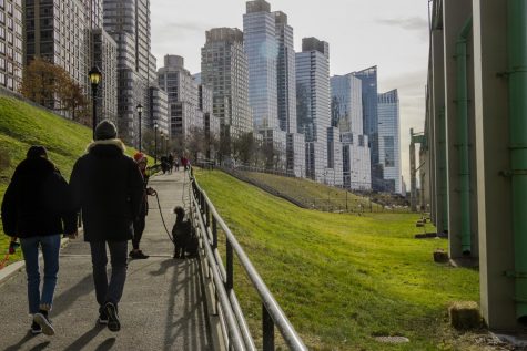 people walking in park by buildings