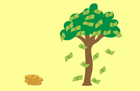 a graphic of a pile of coins representing childhood cancer on one side and a tree covered in money with the cash falling off representing adult cancer on the other side