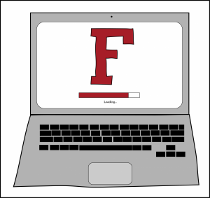 a graphic of a laptop that has on the screen a large maroon F and a loading bar underneath