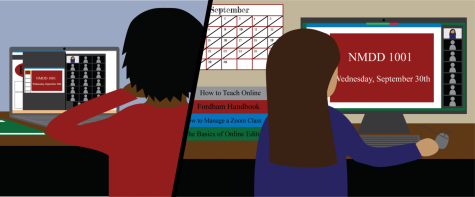graphic of a student and a professor each sitting at a computer figuring out their online workload. student on left has zoom boxes and NMDD 1001 onscreen, and professor has NMDD 1001 onscreen and books next to her with titles like how to teach online, fordham handbook, how to manage a zoom class and basics of online editing