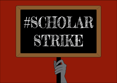a graphic depicting the word "#ScholarStrike" being held up by a hand against a red background