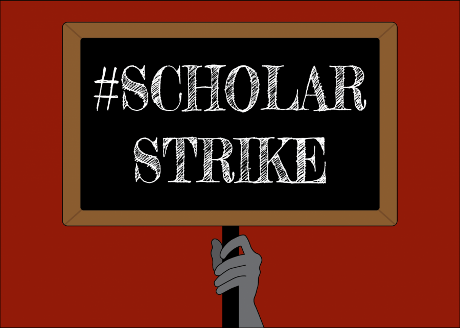 a graphic depicting the word #ScholarStrike being held up by a hand against a red background