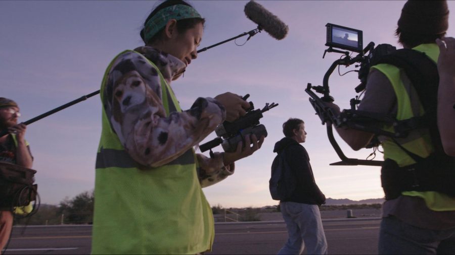 Crew of the Nomadland film at dusk