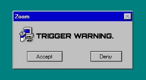 90s-style computer pop-up window that says Zoom - trigger warning - Accept / Deny