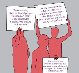 a graphic illustration of activists holding signs that read before asking disadvantaged people to speak on their experiences, its necessary to ensure their survival, another reading as you demonstrate, advocate, organize, and protest, remember that those actions themselves are a privilege many cant afford and the final one reading remember those working in the fields that grow our crops, who wont view your informational Instagram posts