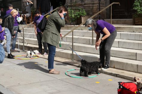 two people leaning over a dog in a hula hoop, which served as a social distanced blessing station