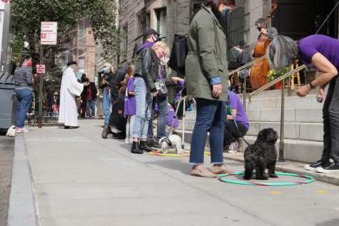 priest blessing animals in the back, and people and their dogs lined up in front of a church