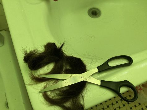 a chunk of hair next to scissors on the edge of a sink after cutting their hair into a mullet