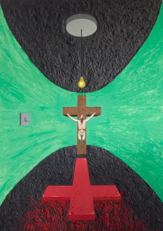 Drawing of person on cross over red cross with flames in a green-walled room with a black floor and celing