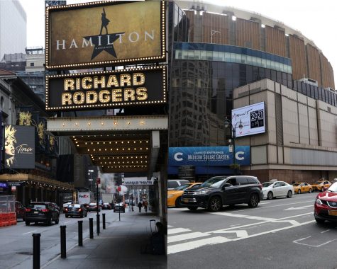 a photo of the hamilton marquee on broadway to represent arts , put side-by-side with madison square garden to represent sports