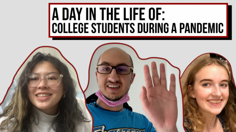 collage of three students, two female and one male, with text above them that reads "A day in the Life Of: College Students During a Pandemic