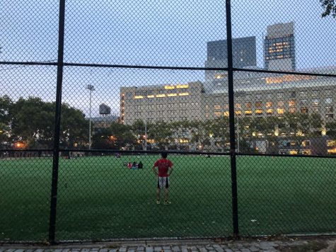 A park-goer stands with their hands at their hips as they look across the field. The scene is seen through a chain link fence and the car dealerships and other midtown buildings can be seen bordering the park in the background