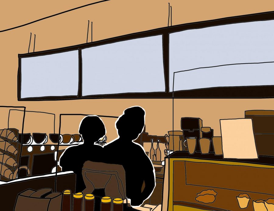 graphic illustration of the silhouettes of argo tea employees, grace and Jackie, behind the counter