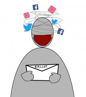 a graphic illustration of someone experiencing social media stress as they look at their ballot with social media icons spinning around their head