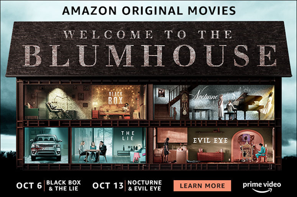 Graphic of cross-section rooms in a house with Welcome to the Blumhouse  on the roof