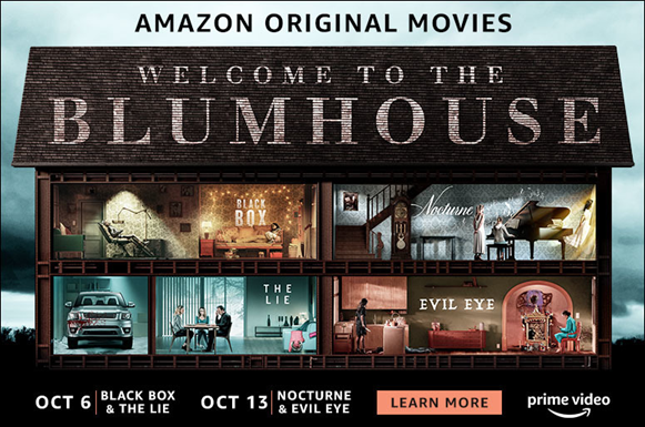 Graphic of cross-section rooms in a house with "Welcome to the Blumhouse " on the roof