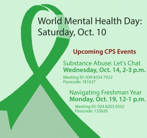 mental health day graphic with green ribbon and information about upcoming events