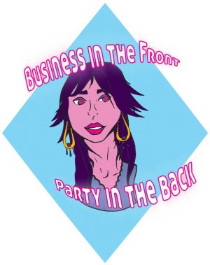 graphic of a persons head with a mullet hairdo on a blue diamond-shaped background, with text reading business in the front, party in the back