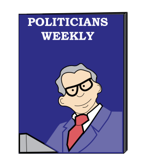 graphic of a white man in a red tie on a magazine cover that says politicians weekly to demonstrate a career politician who acts like a husband in an arranged marriage