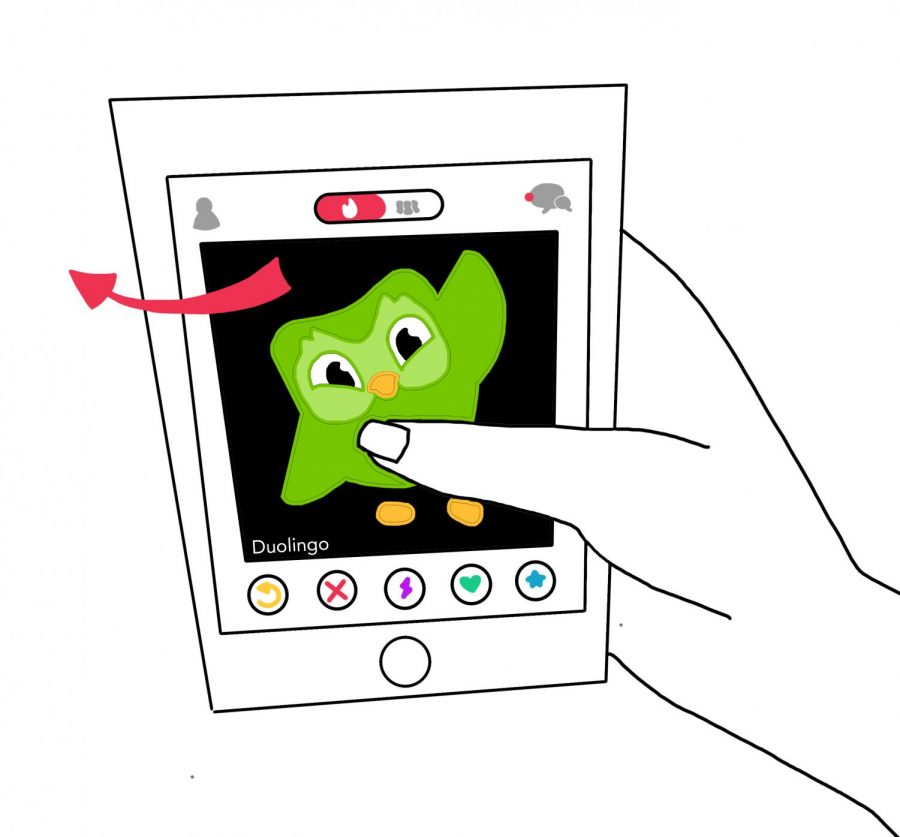 a+graphic+illustration+depicting+a+hand+holding+a+phone+displaying+Tinder.+The+profile+on+the+screen+is+the+Duolingo+owl+and+the+finger+is+swiping+to+the+left.