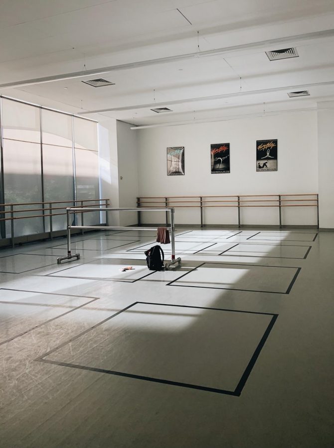 Empty dance studio with square marked on the floor in tape
