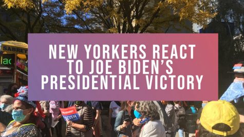photo of joe biden victory rally with text that says new yorkers react to joe bidens presidential victory