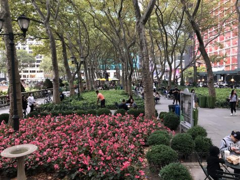 pink flowers and people in bryant park, one of the city's smaller green spaces