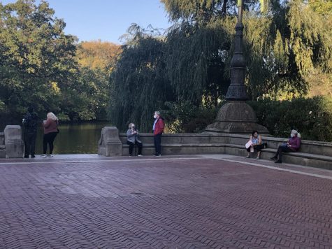 people standing on a brick patio in central park near a lake