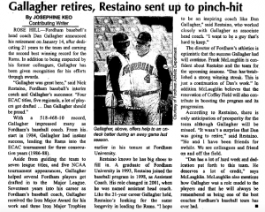 a newspaper clipping from when Skip Gallagher retired reading Gallagher retires, Restaino sent up to pinch-hit