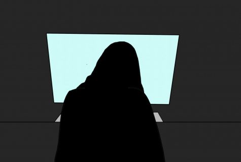 a graphic illustration of a silhouette looking at a screen