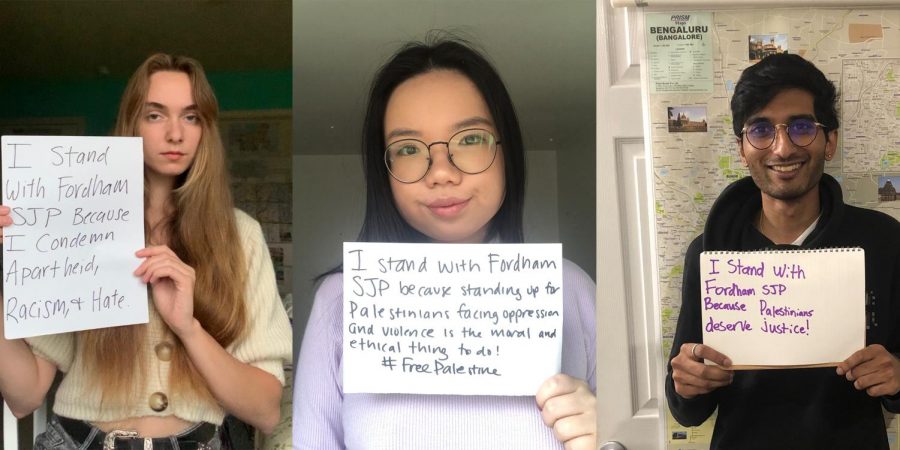 three students hold signs with messages of support for SJP