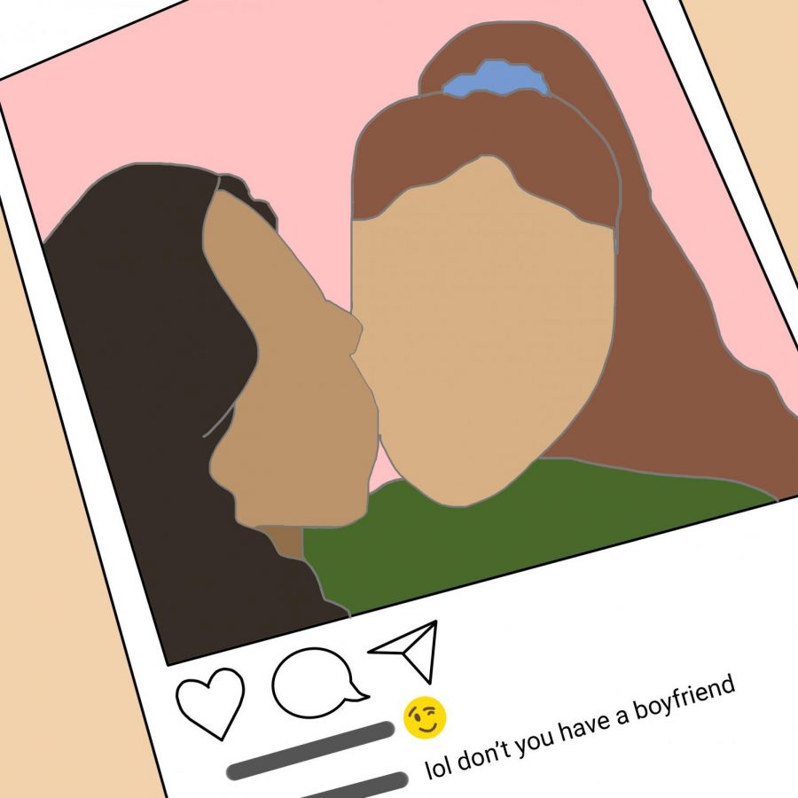 a graphic illustration of two girls kissing in a photo posted on Instagram captioned with a winking emoji and a comment reading lol dont you have a boyfriend