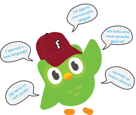 a graphic illustration of the Duolingo owl wearing a Fordham hat saying "I learned a new language!" in 5 languages