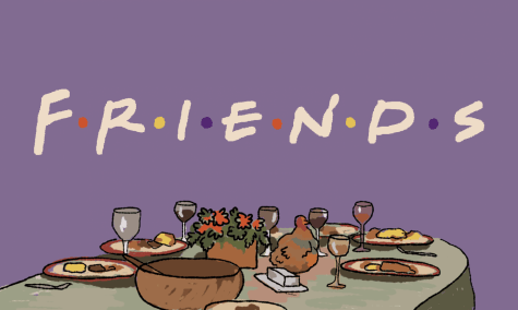 A purple background is shown with the word Friends written across it. Below the word Friends, there is a table full of thanksgiving day food.