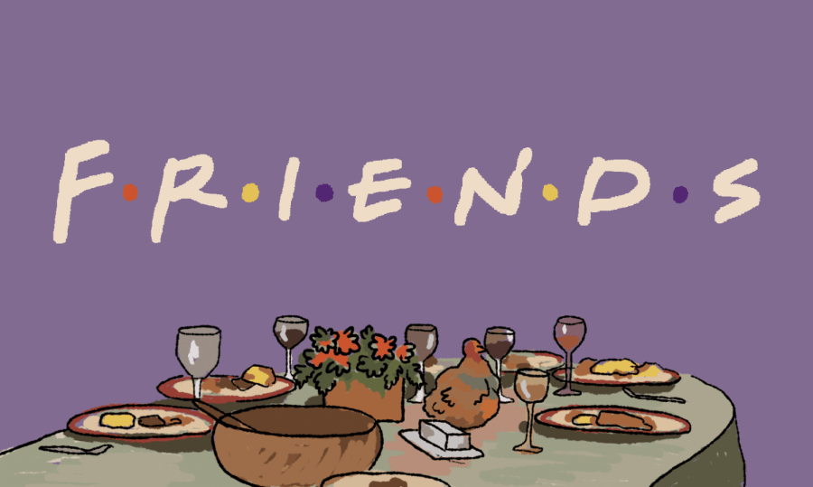 A purple background is shown with the word "Friends" written across it. Below the word "Friends", there is a table full of thanksgiving day food.